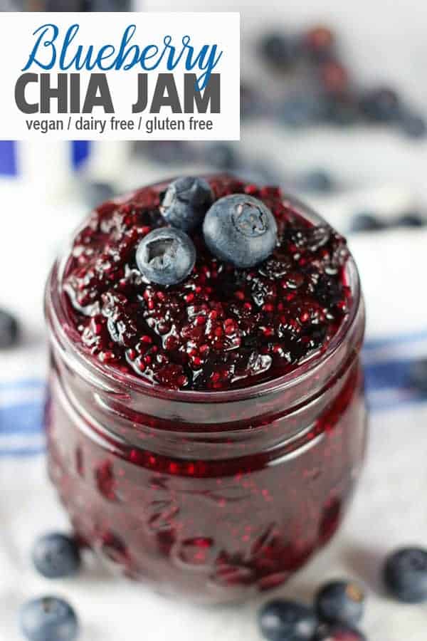 Easy Blueberry Chia Jam | This blueberry chia jam is delicious, easy to make, gluten free and refined sugar free (only uses a bit of maple syrup). Add it to toast, smoothie bowls, oatmeal, or overnight oats for a tasty pop of flavor! It's the perfect addition to any breakfast or dessert! #blueberrychiajam #healthyblueberrychiaseedjam #vnutrition #blueberrychiajamrecipe #blueberrychiaseedjam #veganblueberrychiajam #chiajam