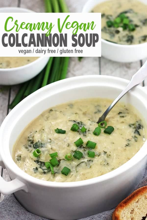 Vegan Irish Colcannon Soup | This Vegan Colcannon Soup is a twist on the Irish classic and is filled with potatoes and kale. It's a perfect vegan recipe for St Patrick's Day or anytime you need an easy to make cozy meal. This vegan soup recipe is gluten-free and both kid and meat-eater approved! #vegansoup #vegancolcannon #vnutrition #vegancolcannonsoup #veganirishrecipes #vegancolcannonrecipe