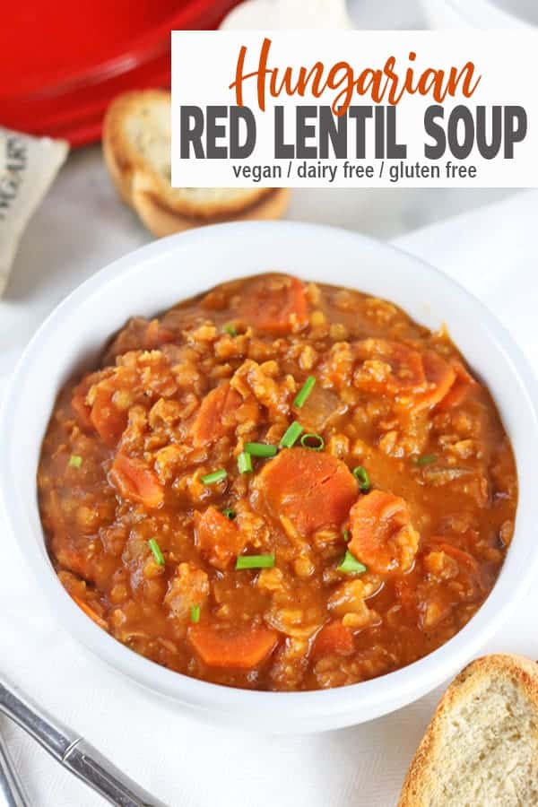 Hungarian Red Lentil Soup | This vegan Hungarian Red Lentil Soup is so easy to make. It uses easy to find ingredients like veggies and coconut milk. Have a comforting, healthy dinner on the table fast with this dairy-free, gluten-free and oil-free bowl of deliciousness! #hungarianredlentilsoup #veganredlentilsoup #hungarianlentilsouprecipe #vnutrition #veganlentilsoup #glutenfreelentilsoup #glutenfreeveganlentilsoup