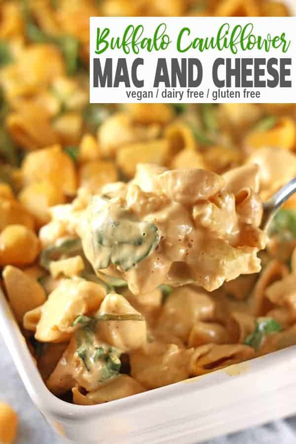 Buffalo Cauliflower Mac and Cheese | This Buffalo Cauliflower Mac and Cheese is the ultimate vegan comfort food. It's a perfect recipe when you're wanting to add a little spice to your dinner. This pasta dish is made healthy by adding lots of cauliflower and spinach - plus it's dairy-free, gluten-free and totally delicious! #veganbuffalocauliflowermacandcheese #buffalocauliflowermacandcheese #cauliflowermacandcheese #vegancauliflowermacandcheese #healthycauliflowermacandcheese #easycauliflowermacandcheese #vnutrition