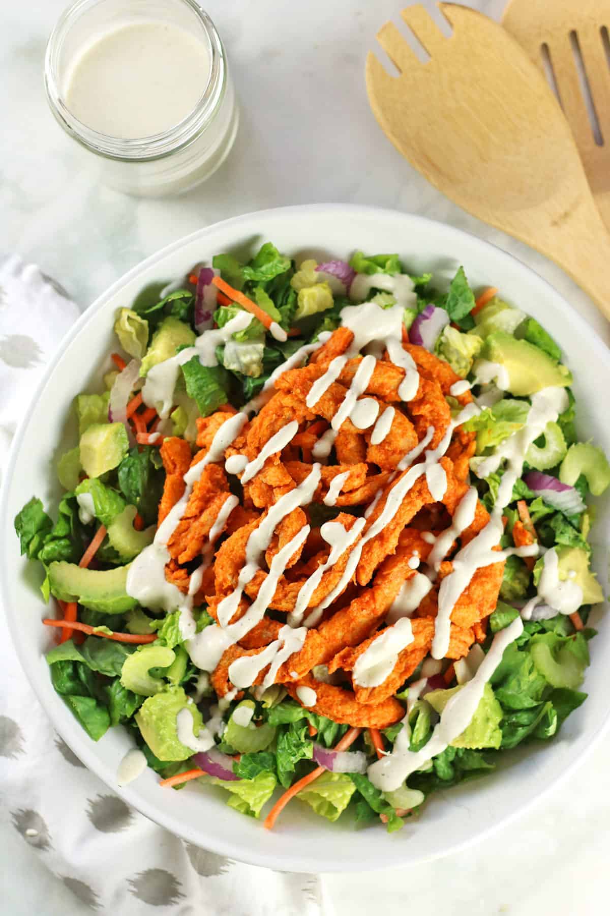 Soy Curls on top of Salad with Ranch Dressing