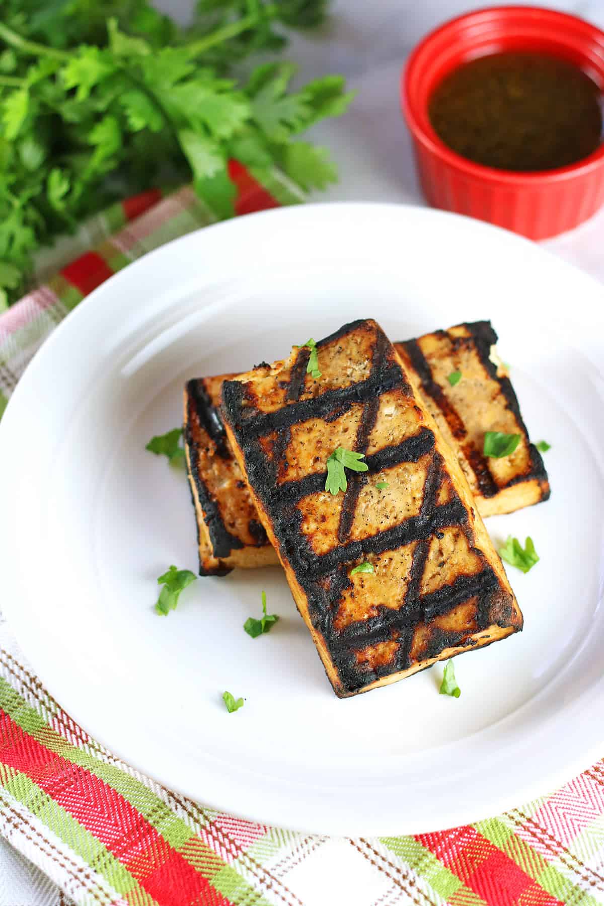 two grilled tofu steaks on a white plate on a picnic blanket.