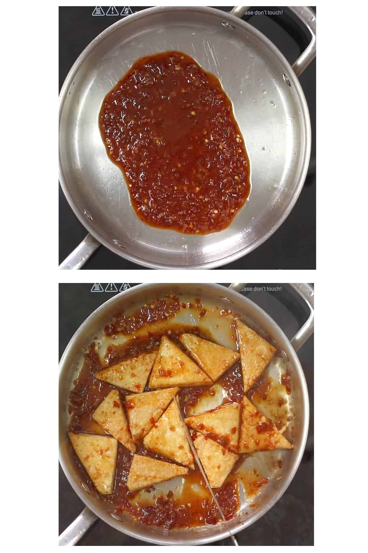 two images: top shows chili garlic sauce ingredients cooking in skillet, the bottom shows pan fried tofu wedges added to chili garlic sauce in skillet