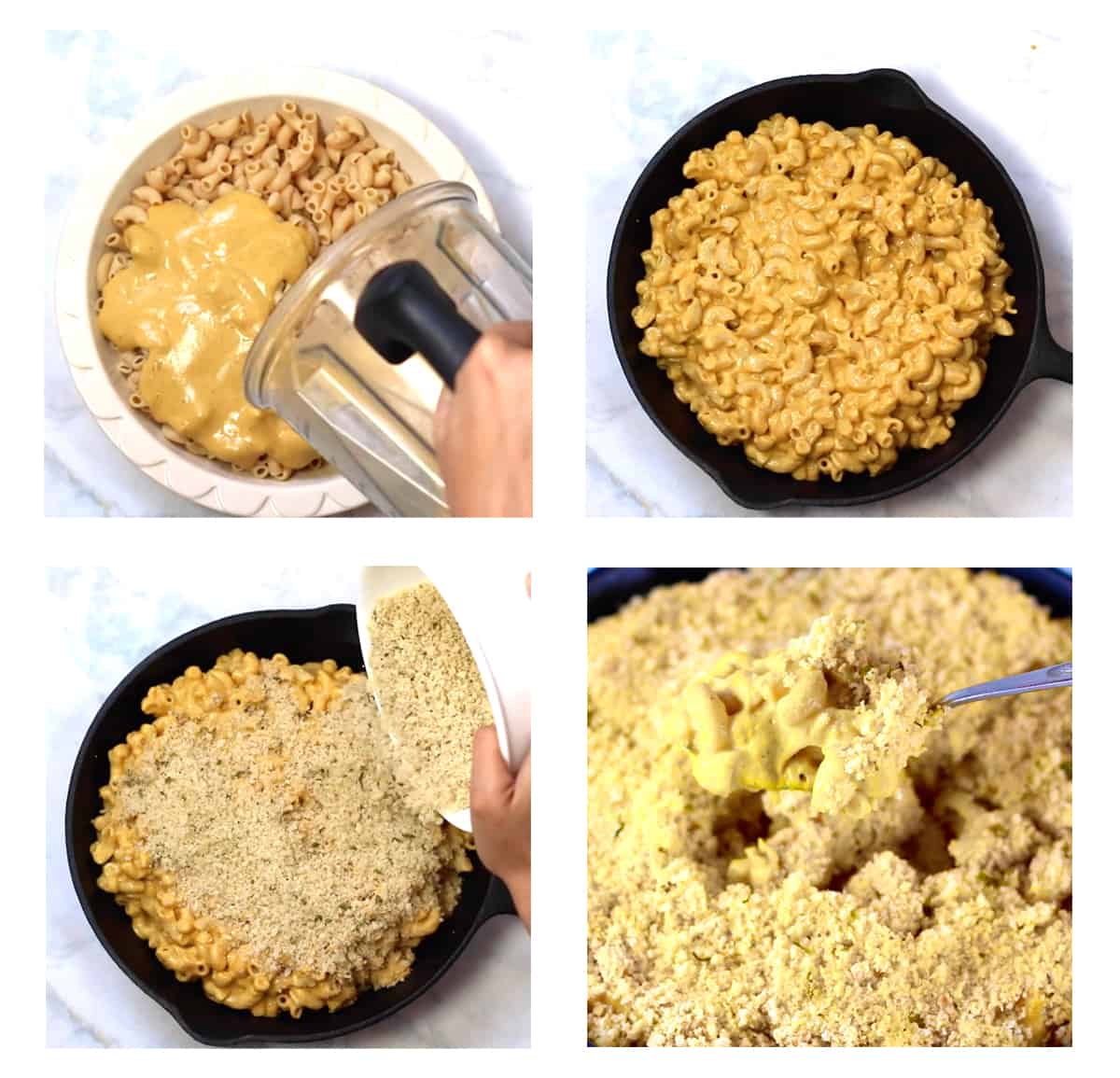 stop by step shots of how to bake the mac and cheese: pouring sauce over boiled noodles, tossing, adding to a skillet, topping with breadcrumbs, and placing in the oven. 