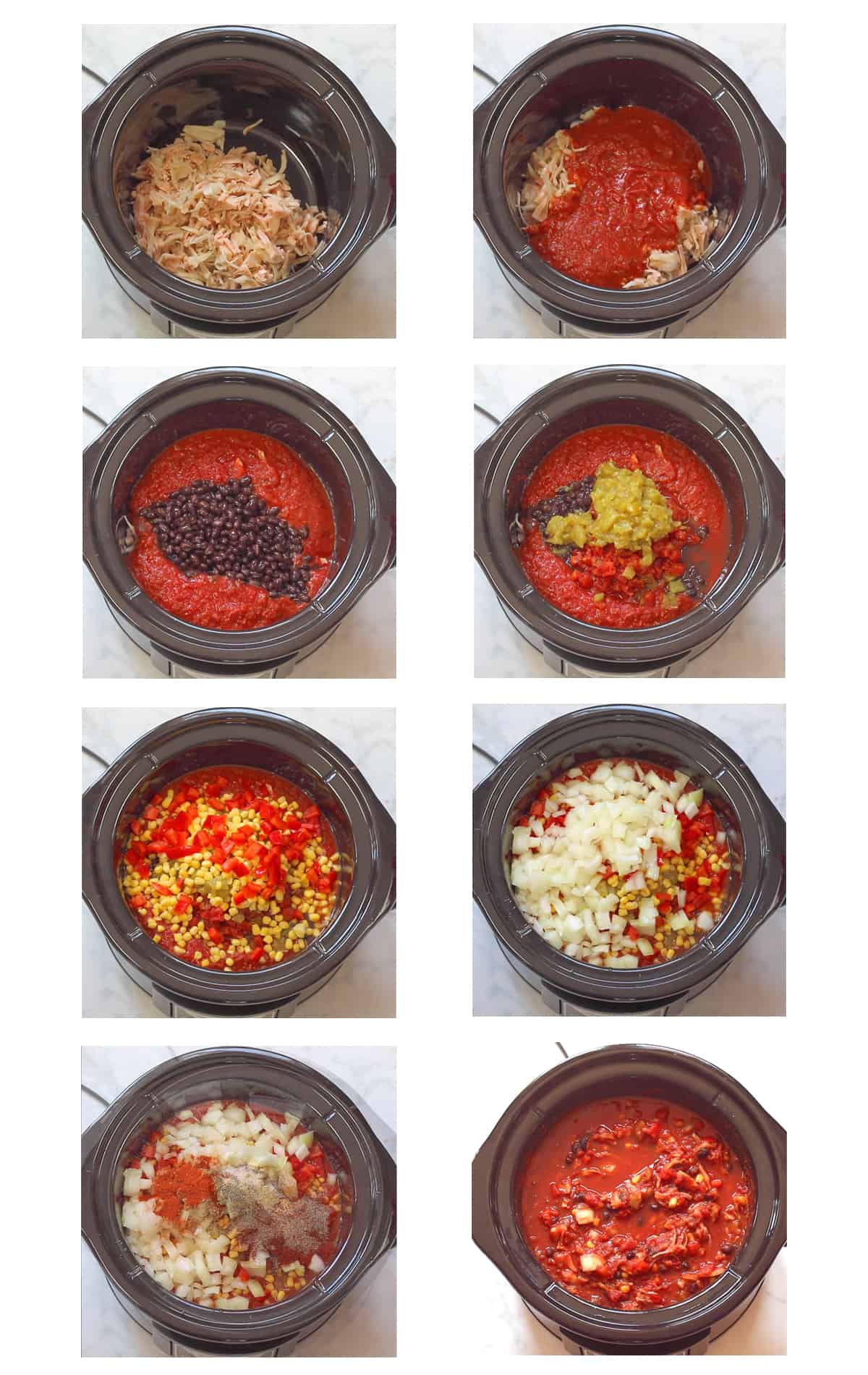 process shots showing each of the jackfruit chili ingredients being added to a slow cooker.