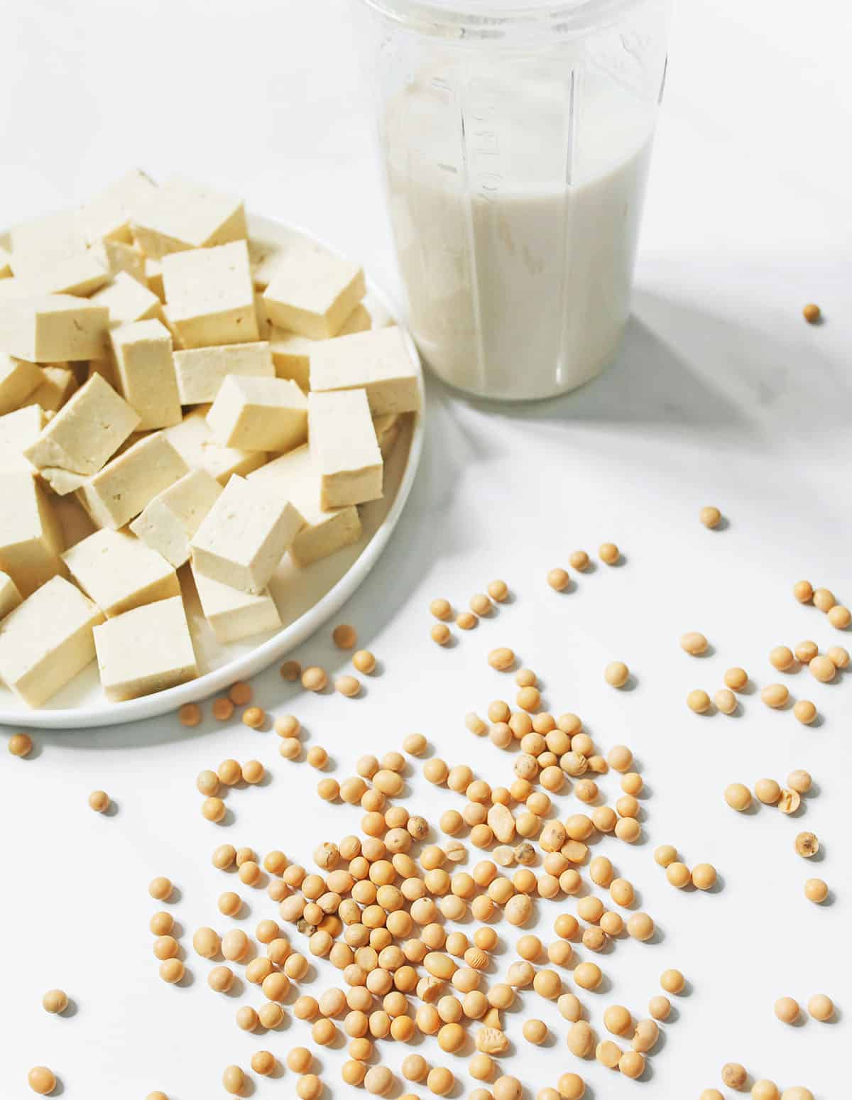 uncooked tofu, soy milk, and soy beans on a white background