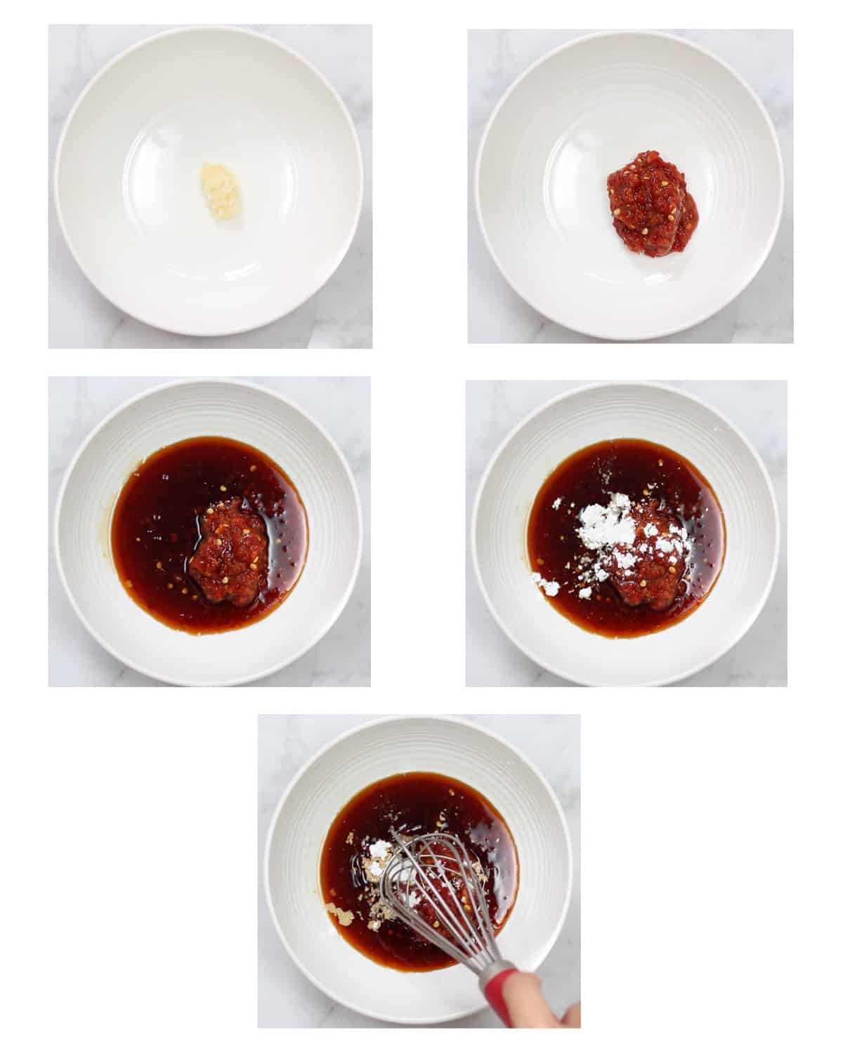 step by step photos showing all chili garlic sauce ingredients being added together and whisked