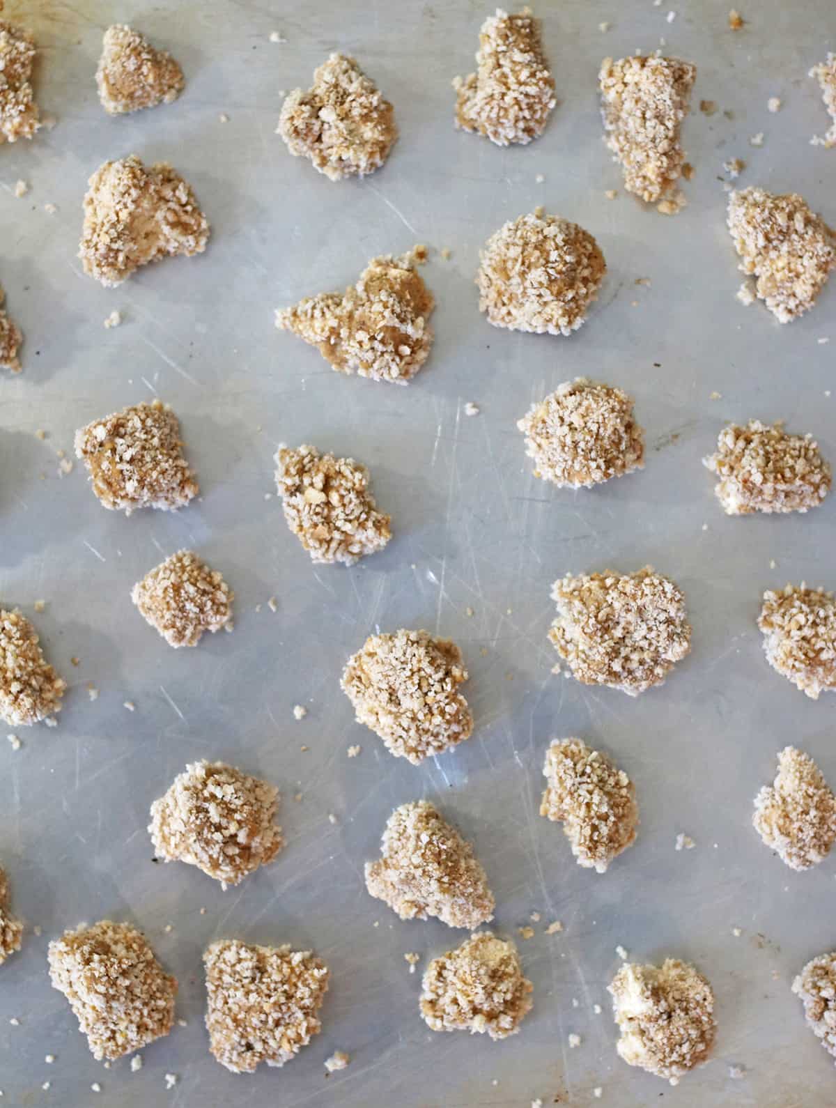 popcorn tofu on baking sheet