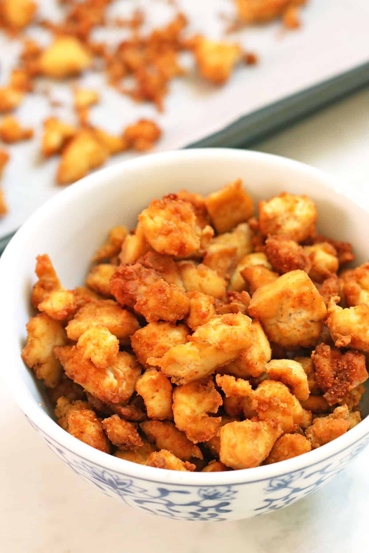 close up of crumbles in a white bowl