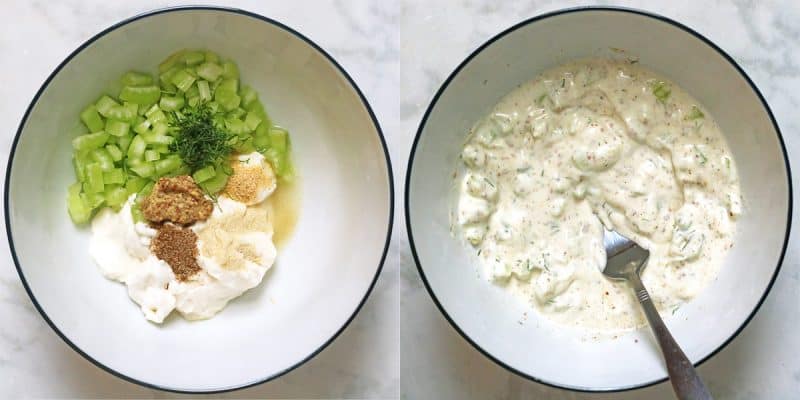 side-by-side images of vegan chicken salad dressing ingredients added to a bowl, and the completed dressing after mixing.