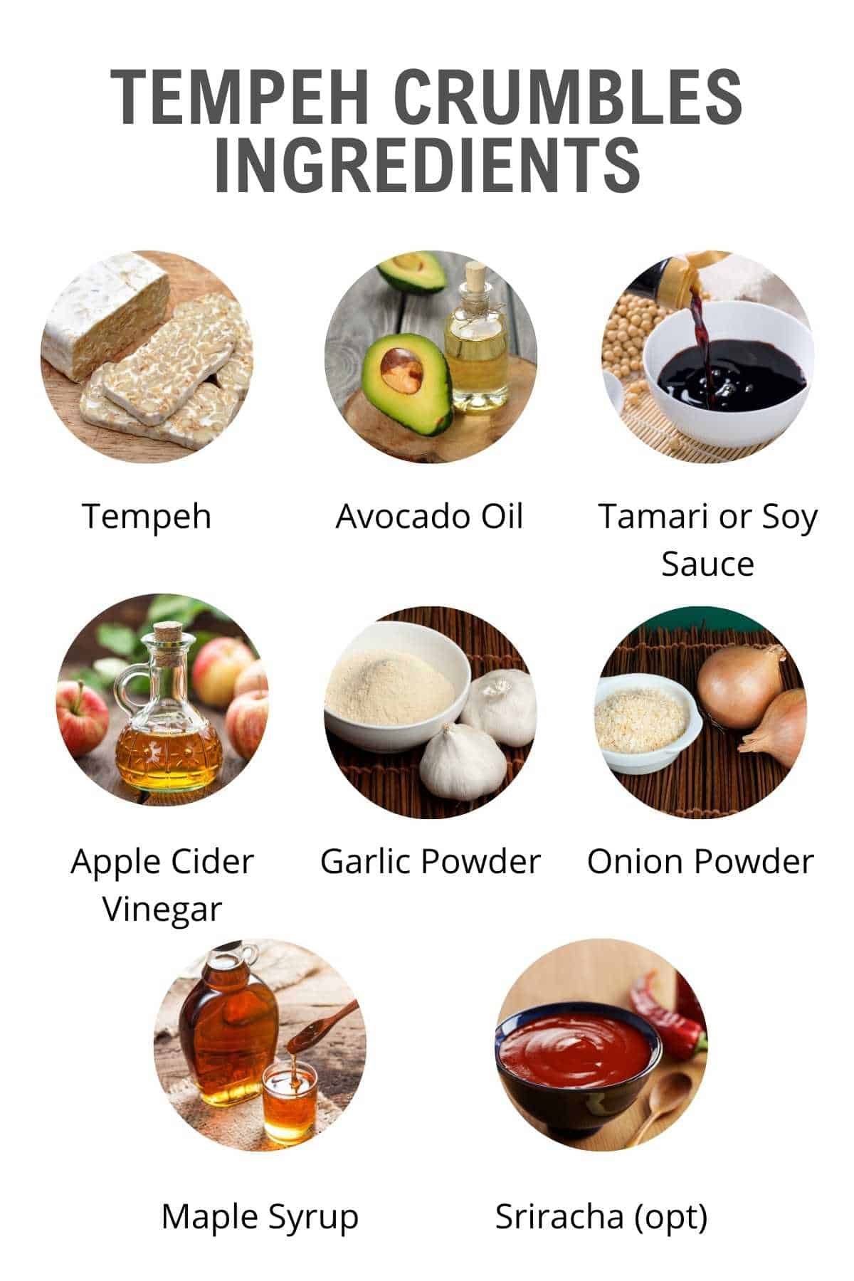 vegan tempeh meat crumbles ingredients shown in an infographic.