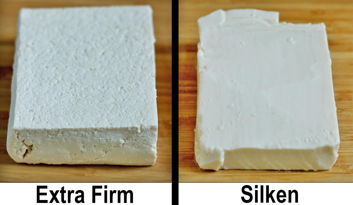 extra firm and silken tofu next to each other on wooden cutting board.