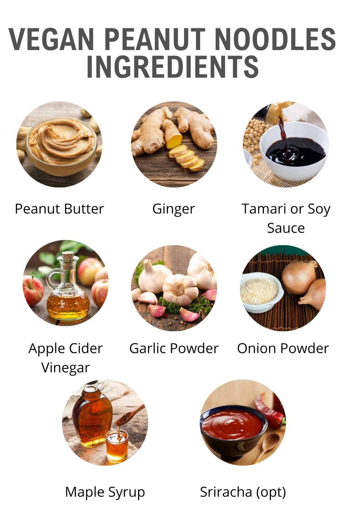 vegan peanut butter noodles ingredients shown in a chart with small photos and text.