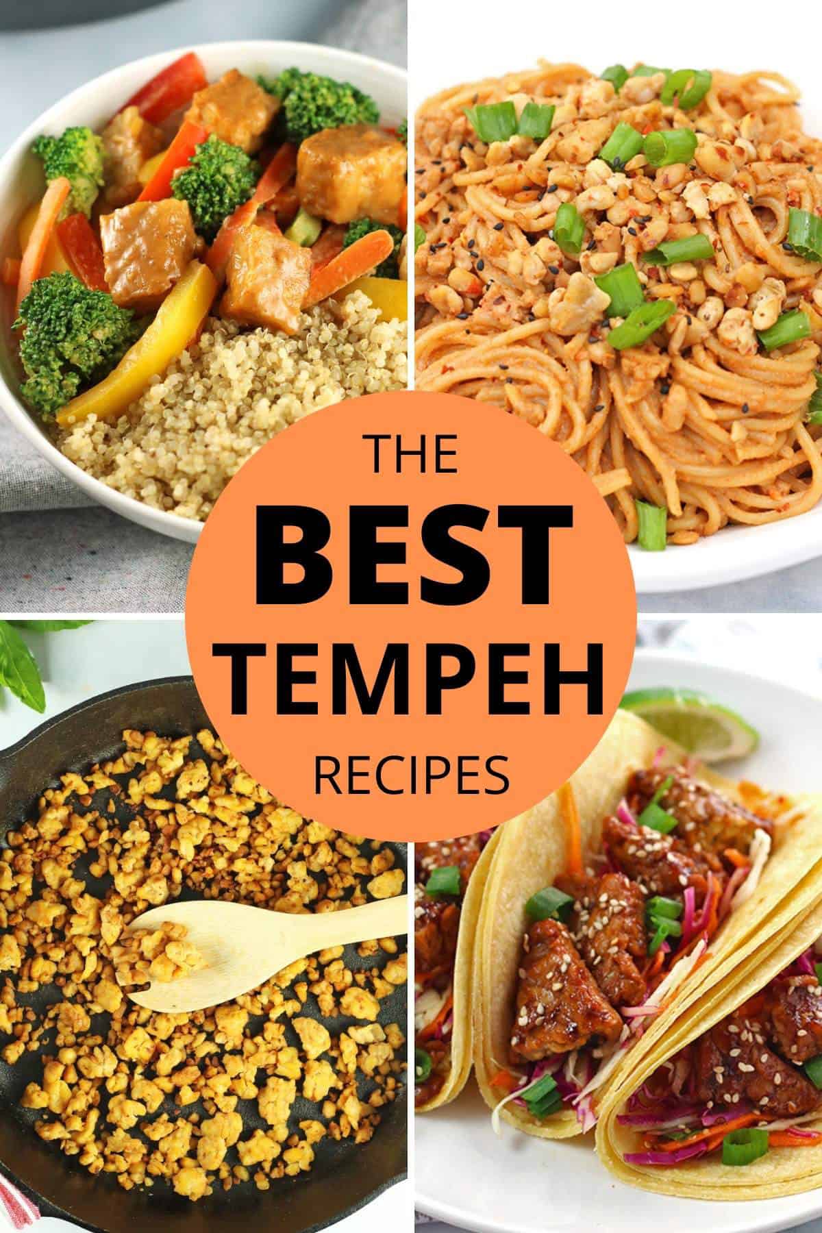 compilation of 4 tempeh recipe photos with the wording the best tempeh recipes