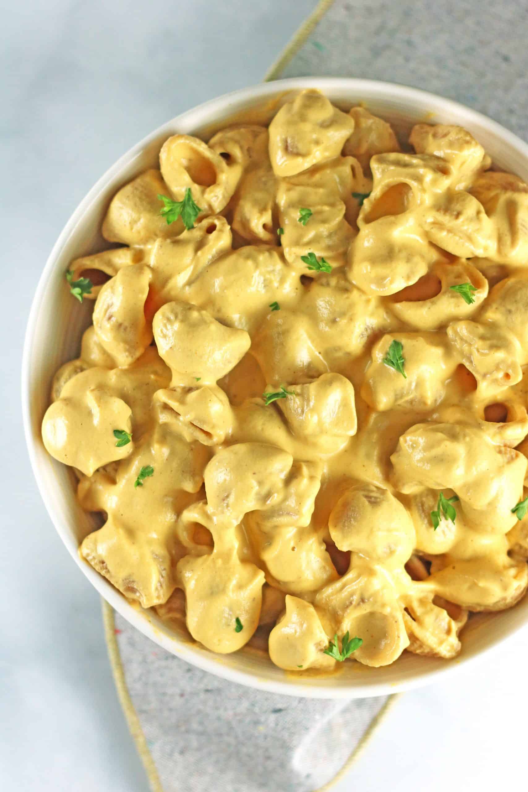 overhead closeup of vegan butternut squash mac and cheese.