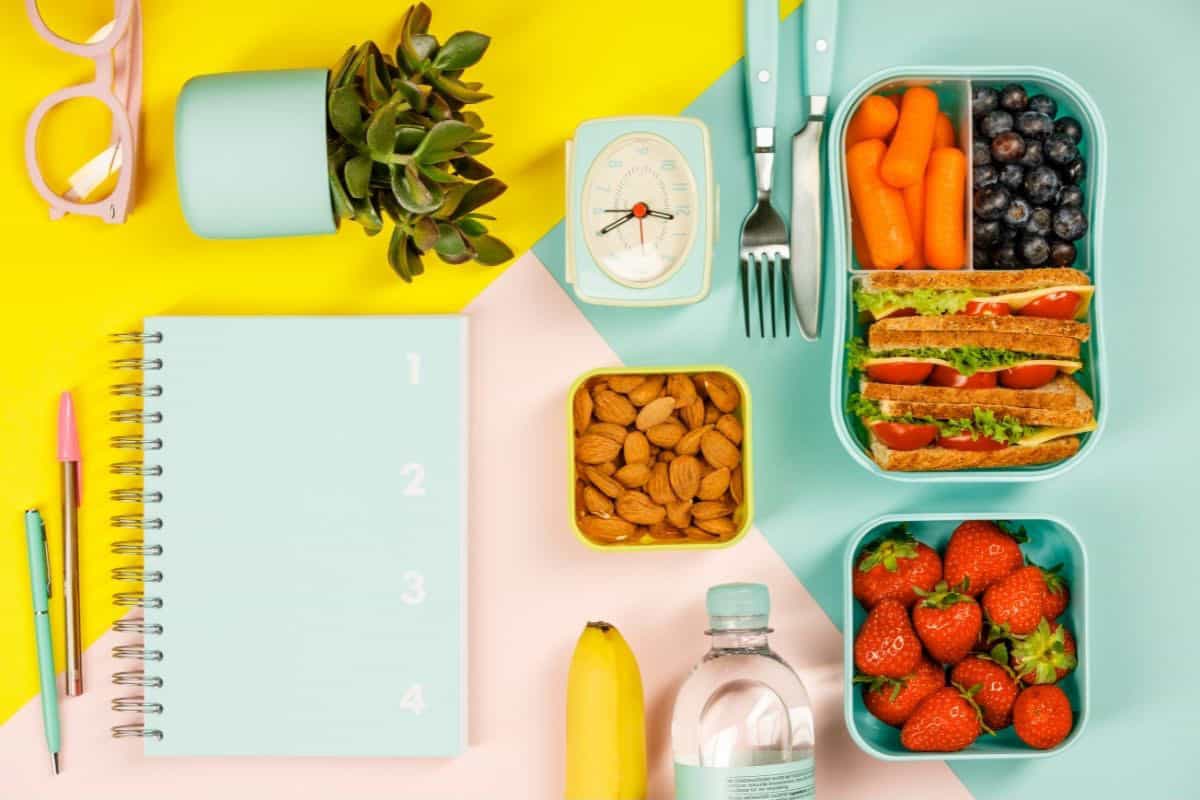 vegan lunch with strawberries, nuts, sandwich, water, and notepade