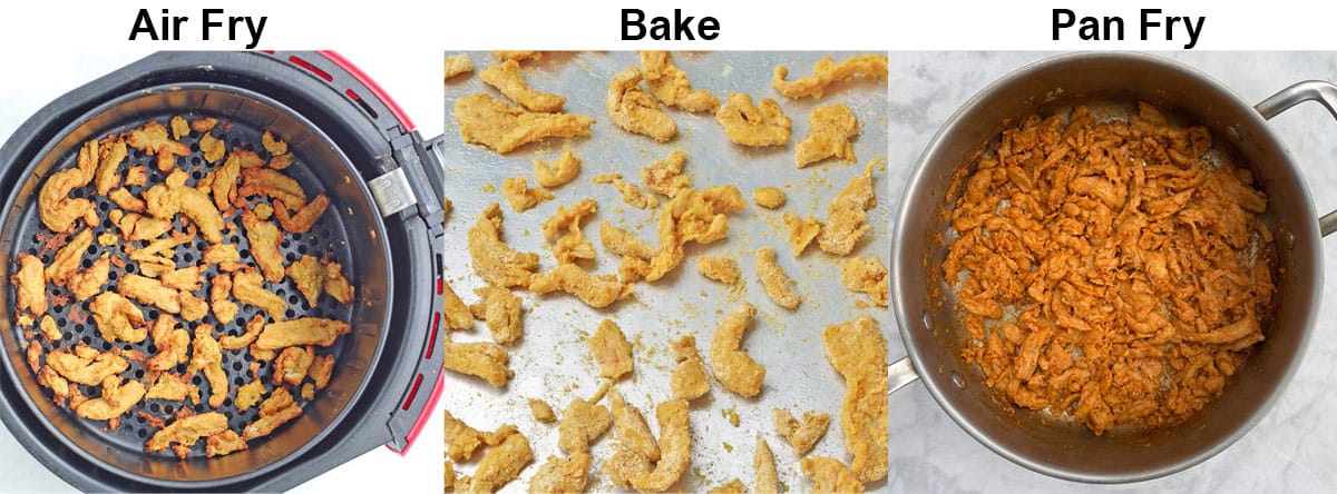 soy curls in air fryer, on baking pan, and in a saute pan