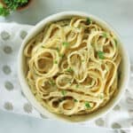 vegan cashew alfredo in white bowl.