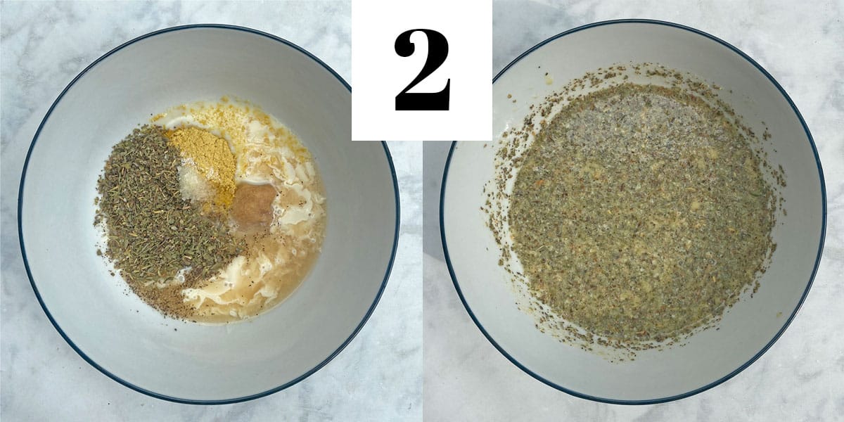 side by side images of bowls of feta marinade before and after mixing.