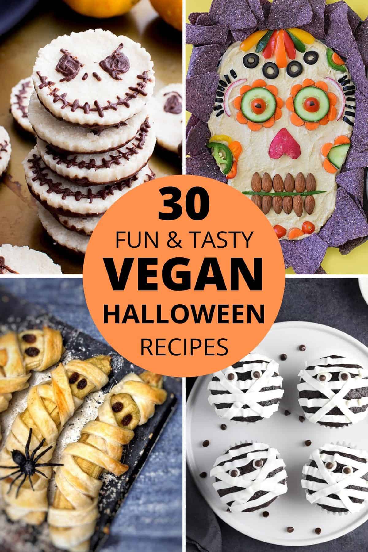 four pictures of vegan halloween recipes with the text "30 fun and tasty vegan halloween recipes" in orange circle