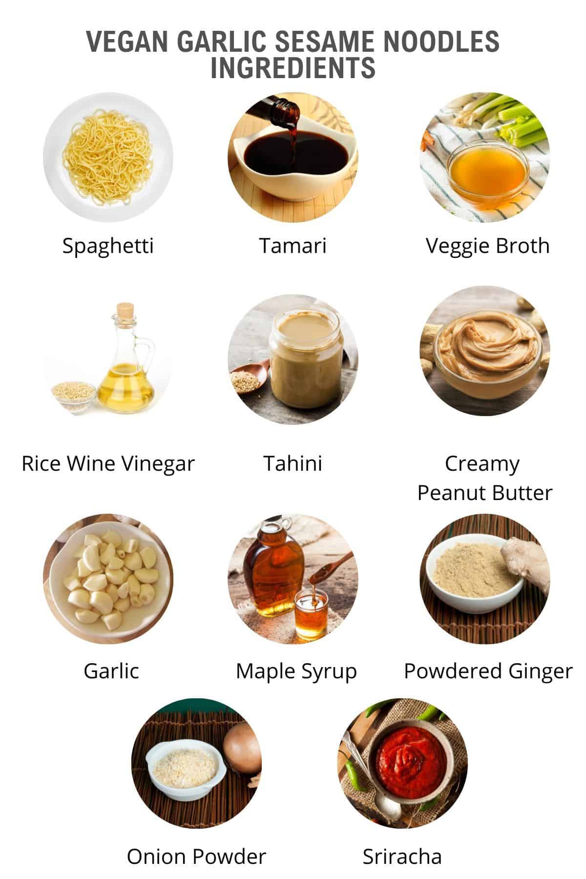 spicy vegan garlic noodle ingredients as an infographic.