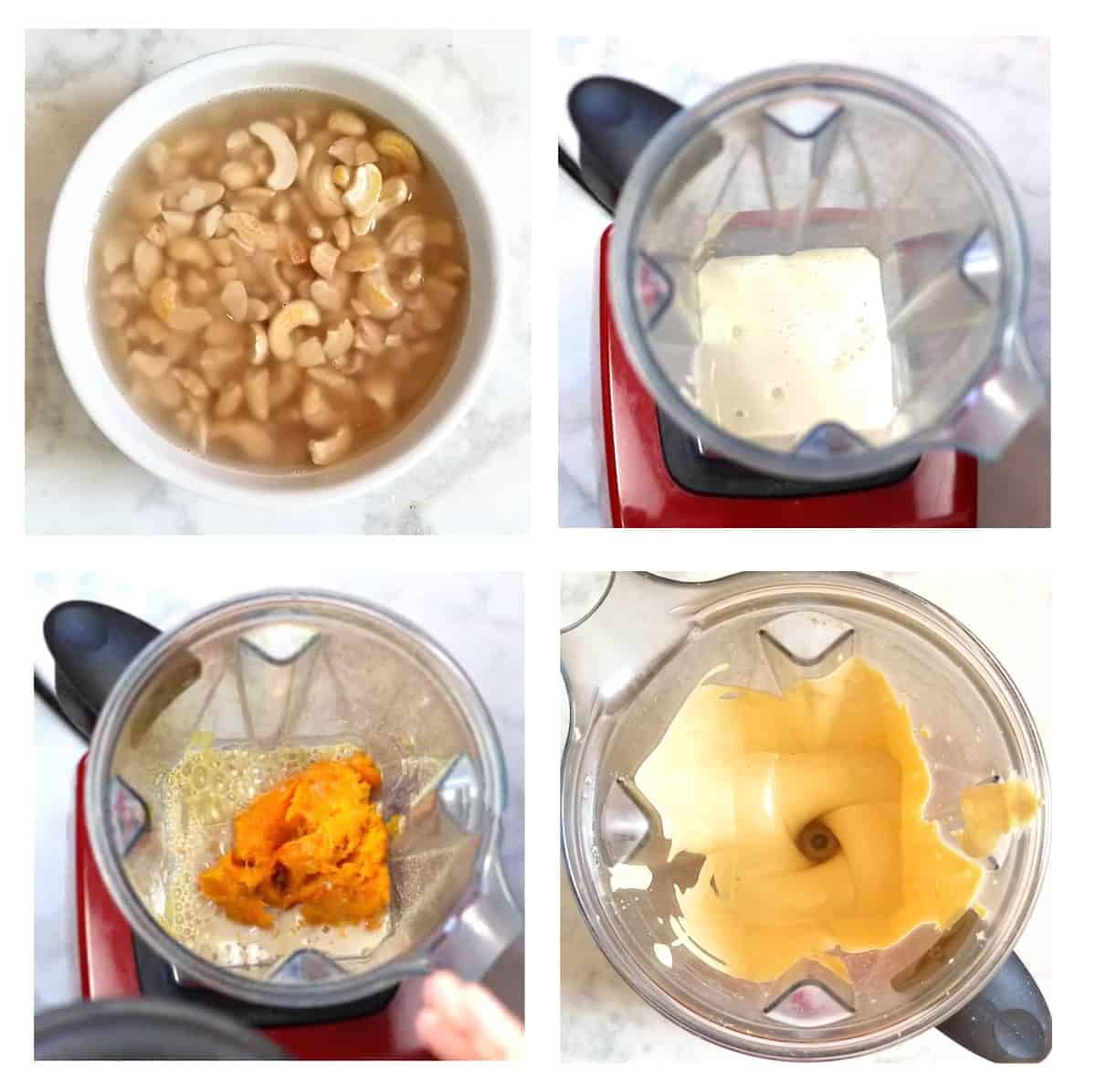 step by step photos demonstrating how to make the vegan pumpkin cheese sauce in a blender.