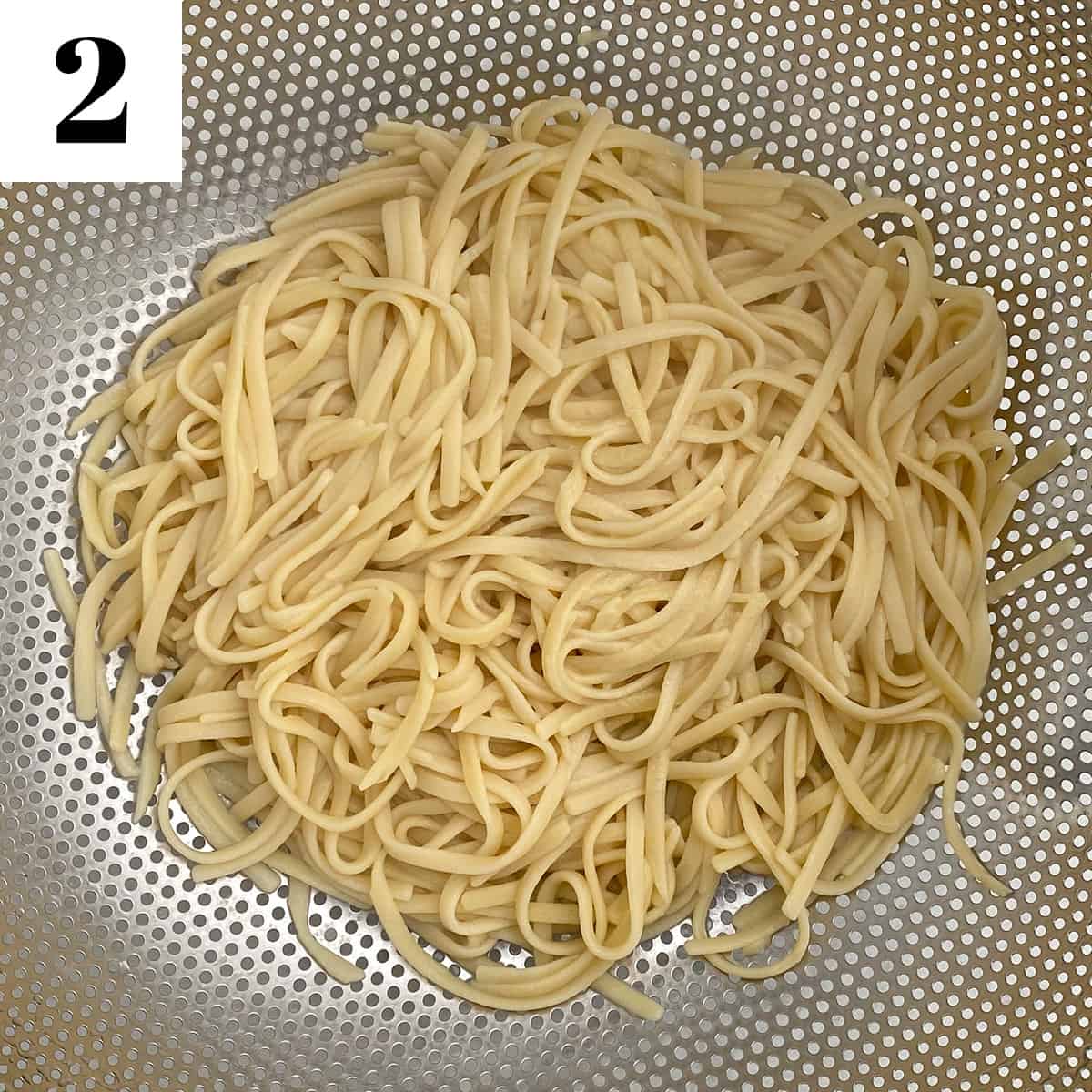 drained pasta in colander.