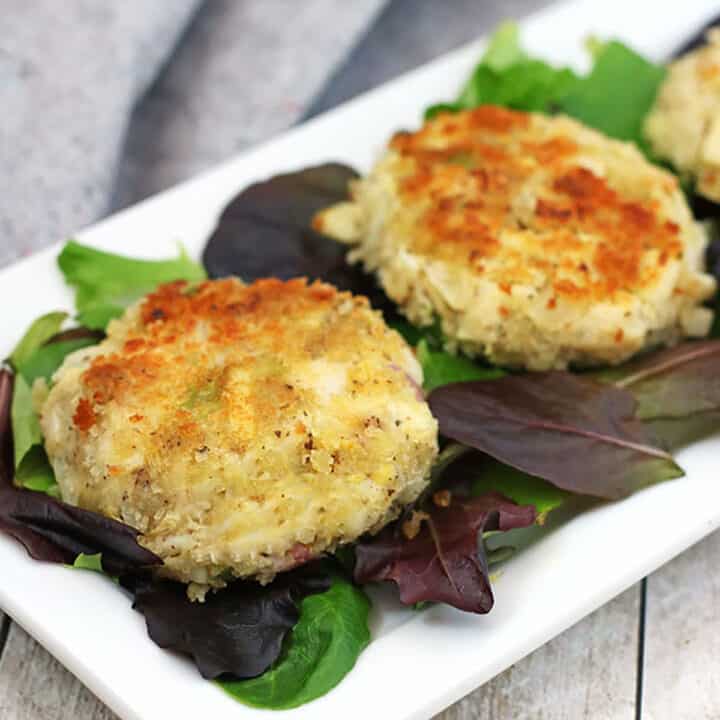 vegan crab cakes on white plate.